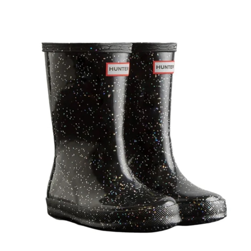 Hunter Black Glitter Kids Rain Boots - Picture 1 of 5